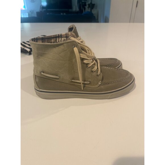 Sperry Mens Olive High-Top Canvas Boat Shoes With Plaid Lining Lace-Up Closure S - Picture 4 of 5